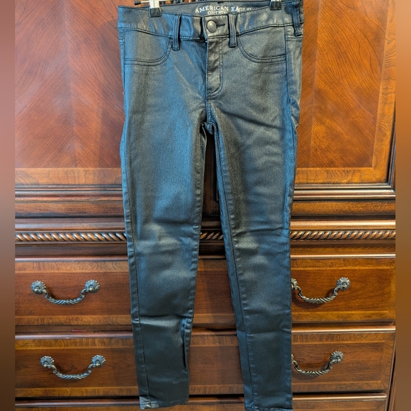 American Eagle Outfitters Pants - American Eagle Black Shine Pant Jegging Stretch Size 4 Leather Look